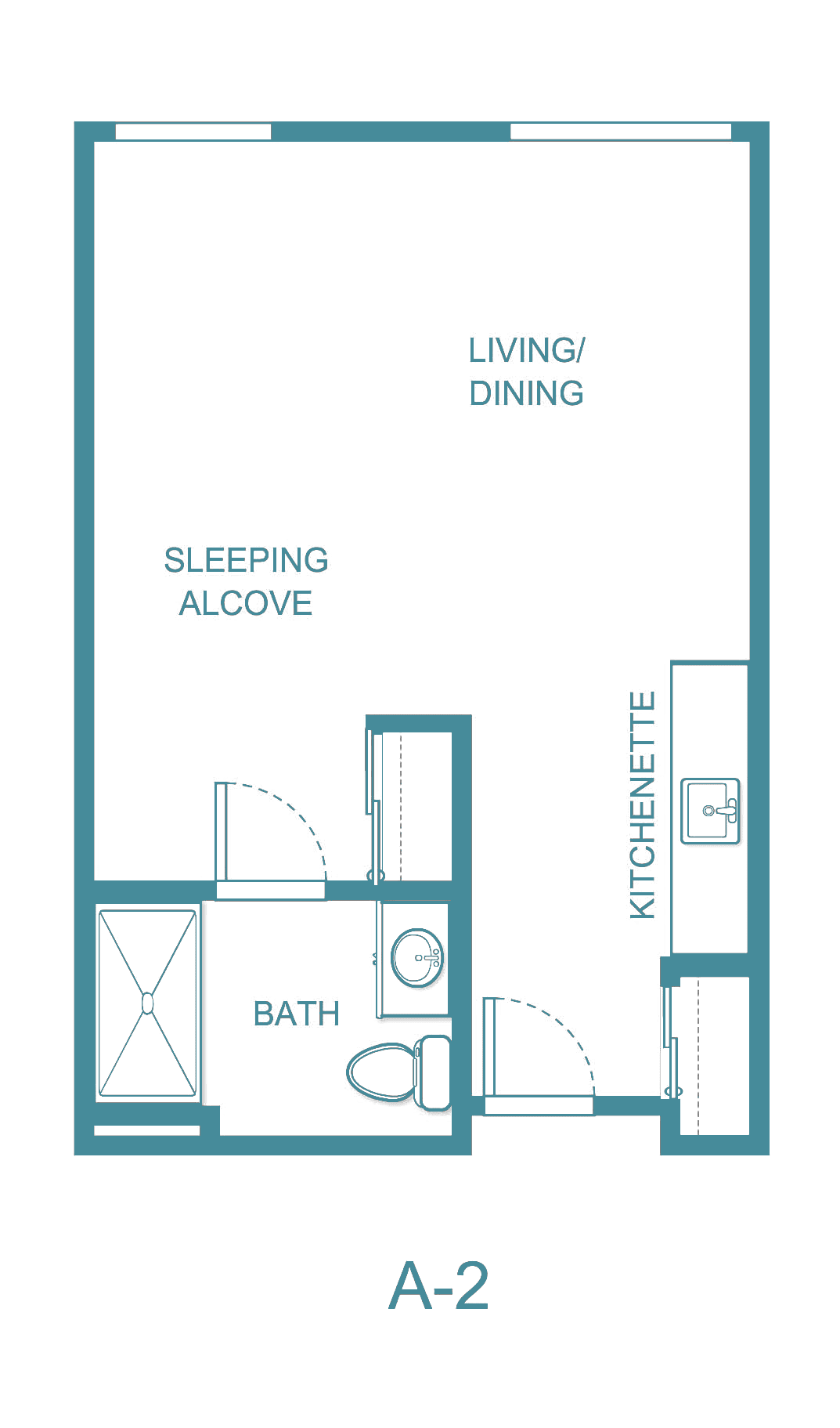 A floor plan of a studio apartment featuring a sleeping alcove, kitchenette, and combined living/dining area.