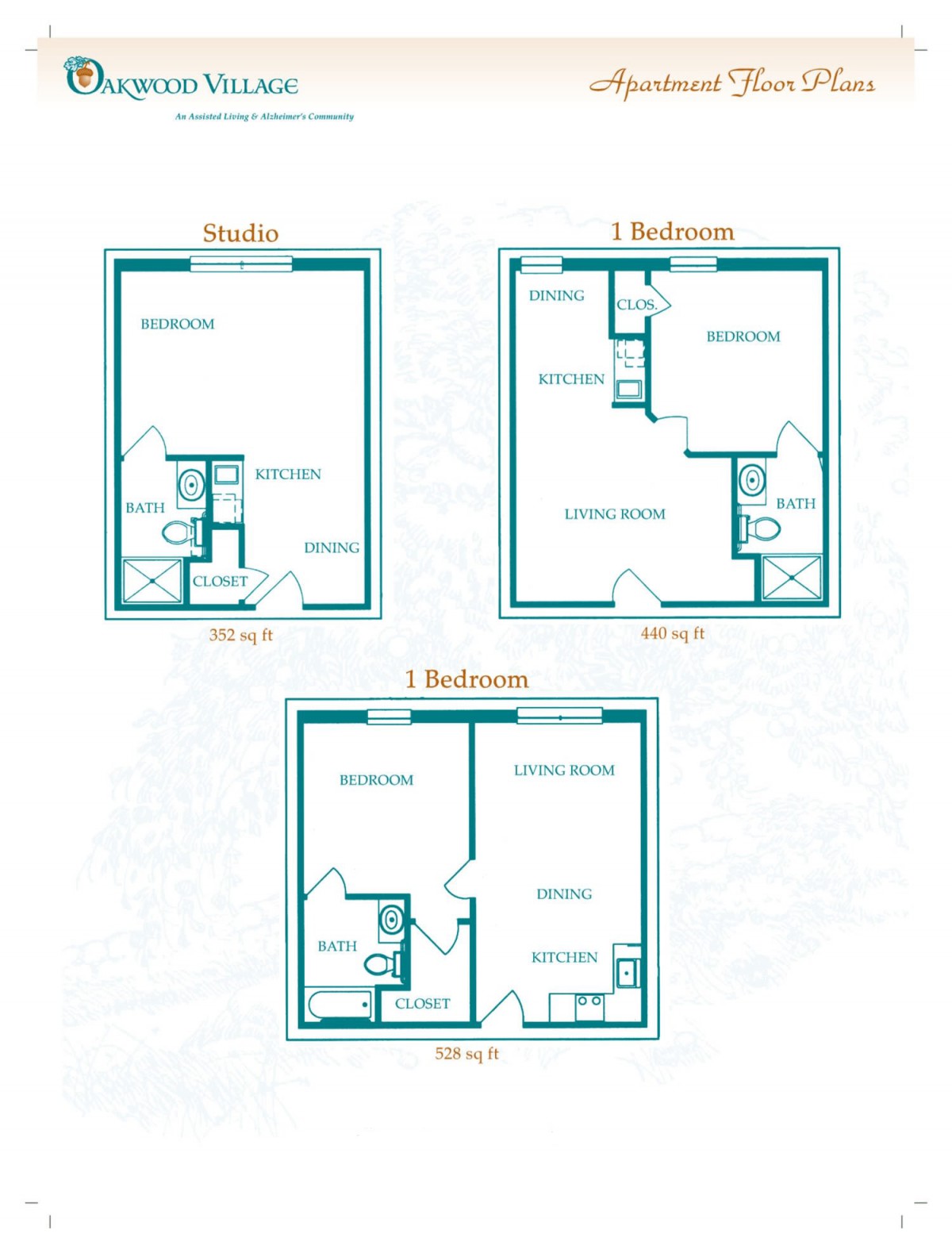 Floor plans for different apartment layouts: studio, 1-bedroom, and 1-bathroom.