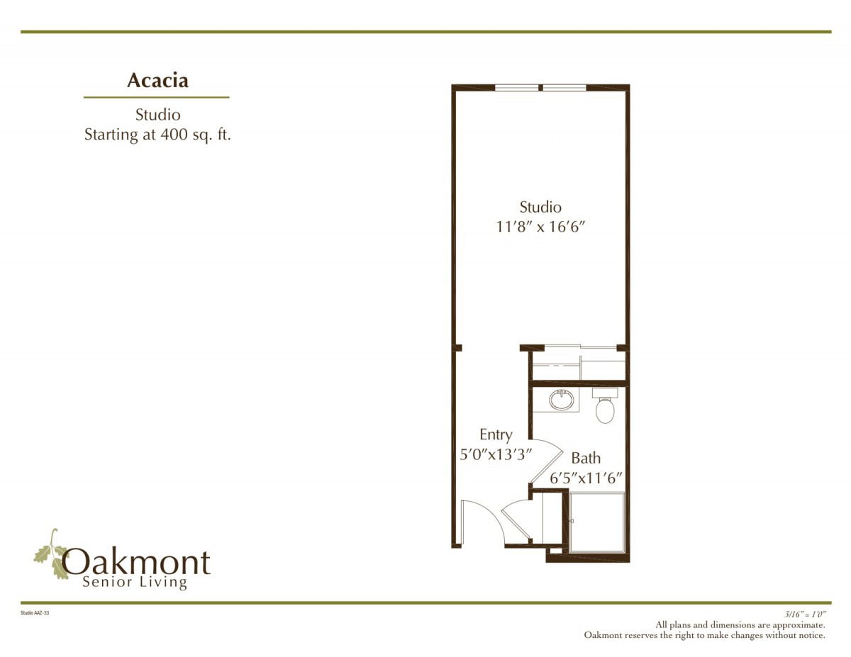 Floor plan of a studio apartment called Acadia, featuring an open living area, kitchen, and bathroom.