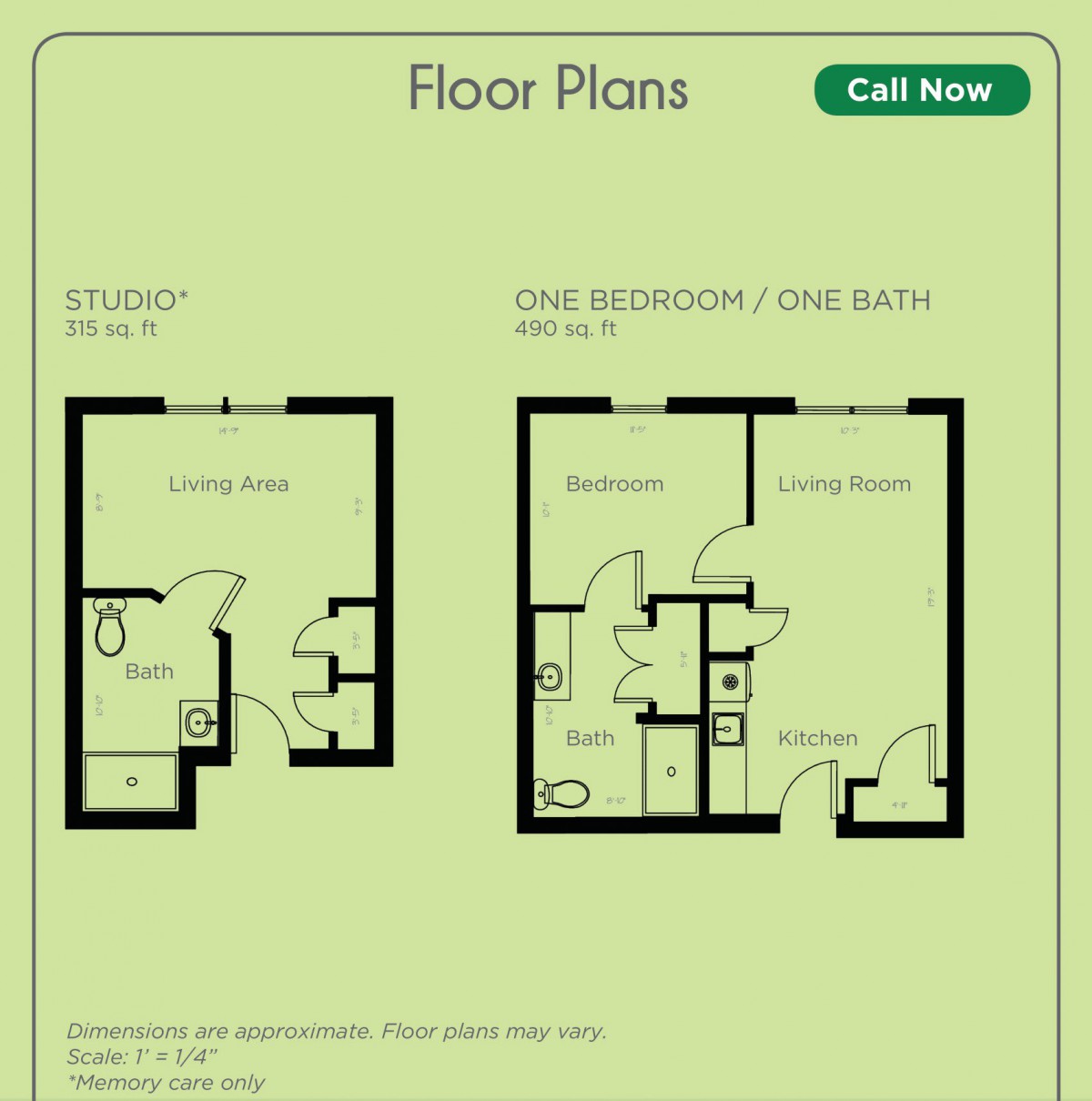 Floor plans for a studio and a one-bedroom apartment.