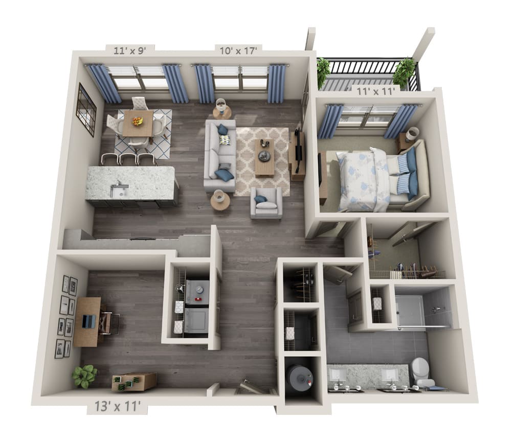 A 3D floor plan of a modern apartment featuring a bedroom, kitchen, living room, and bathroom.
