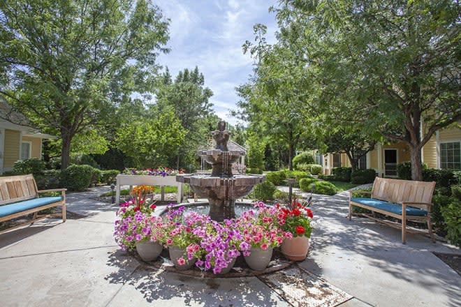 A serene garden scene featuring a central fountain surrounded by vibrant flowers.