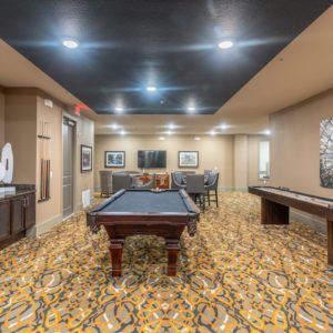 A modern game room featuring a billiards table and shuffleboard, with comfortable seating and stylish decor.