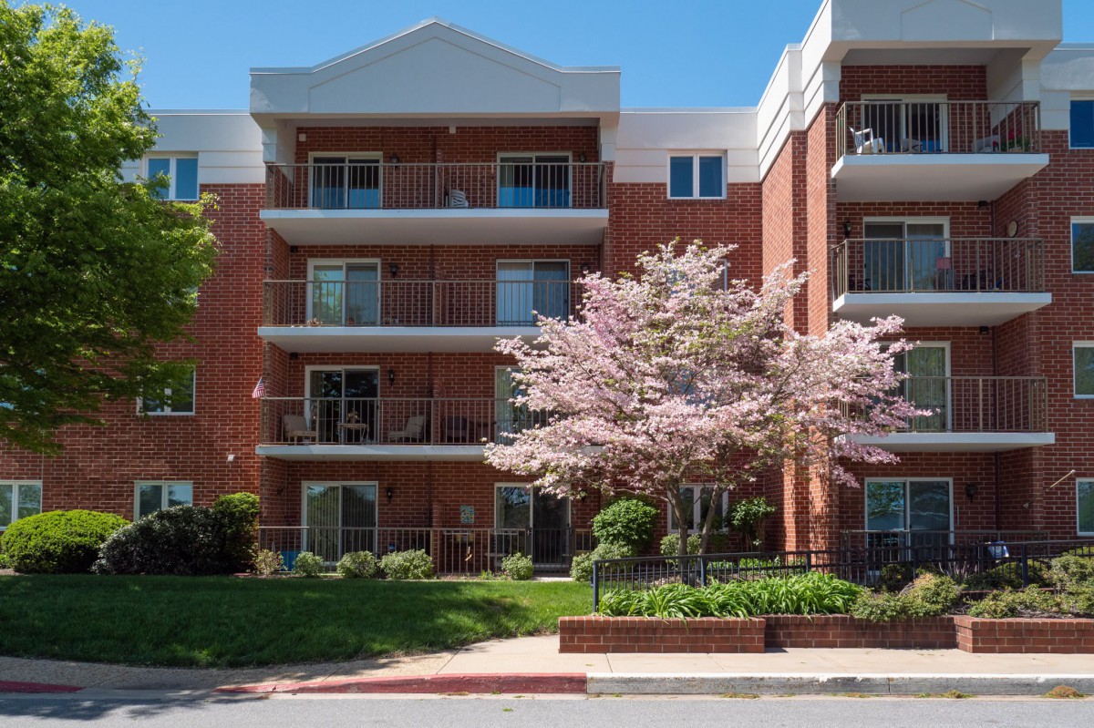 A residential apartment building with brick facade and blooming trees in the foreground.