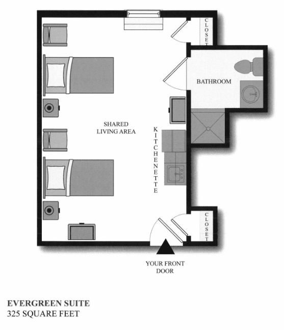Floor plan of an Evergreen Suite showing room and furniture layout.