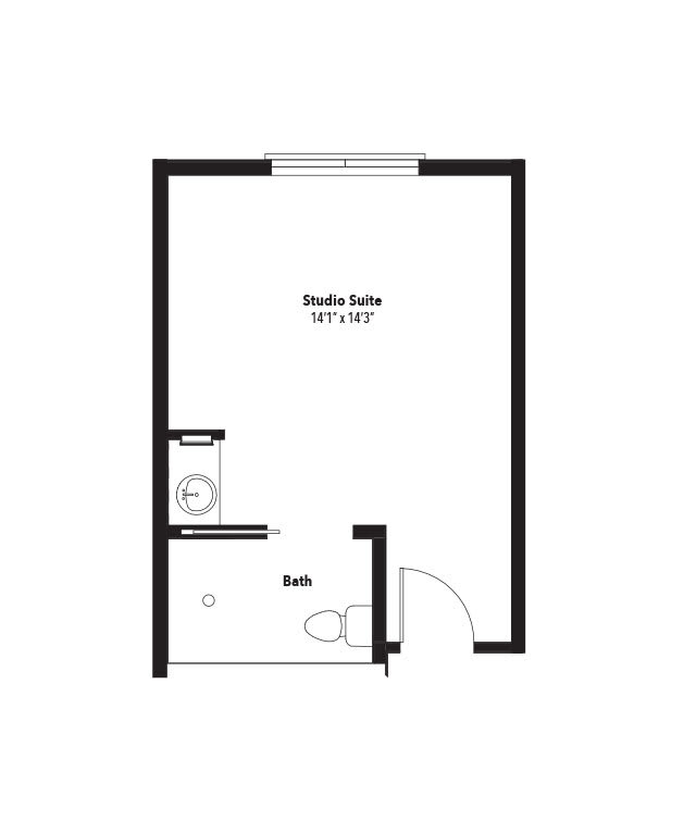 A simple floor plan of a studio suite featuring a bathroom and open living space.