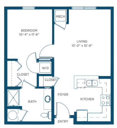 A floor plan of a one-bedroom apartment featuring a living room, kitchen, and bathroom.