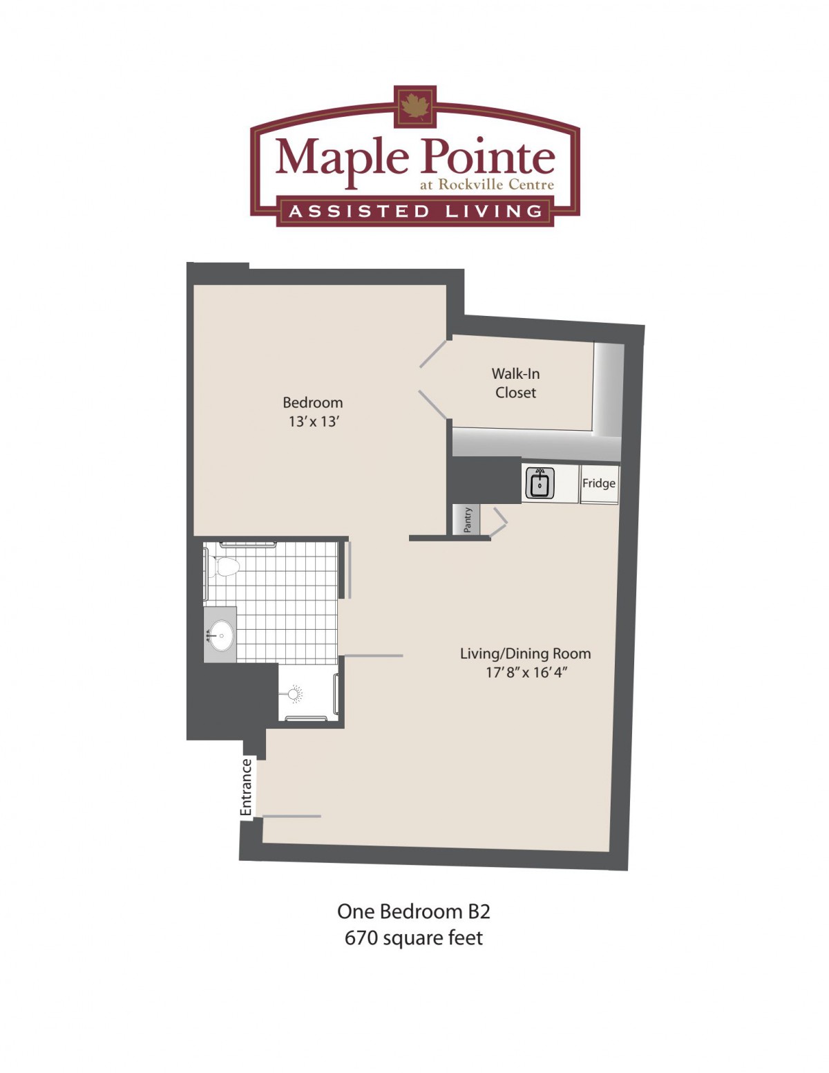 One-bedroom floor plan for Maple Pointe Assisted Living.