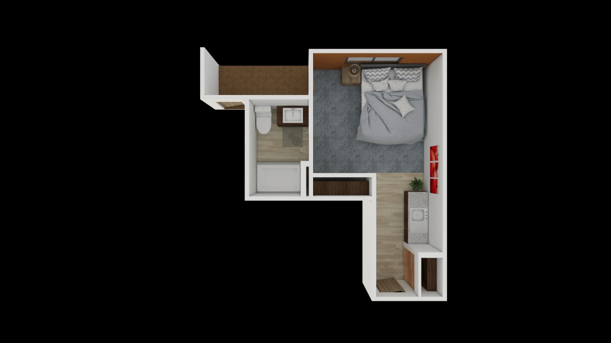 A compact floor plan featuring a small bedroom and bathroom with a minimalist layout.