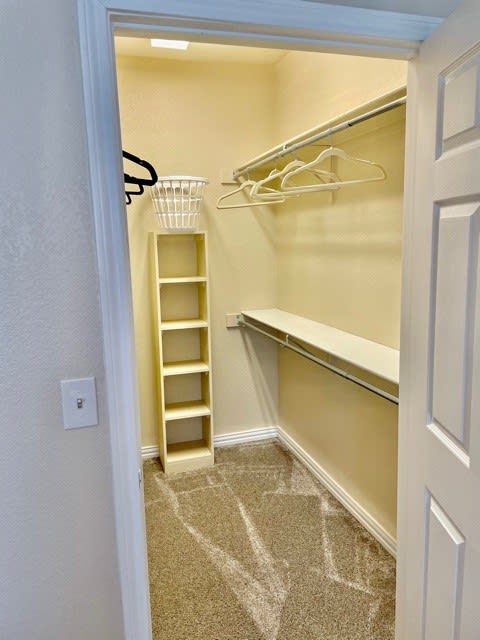 An empty walk-in closet with built-in shelves and hangers for storage.