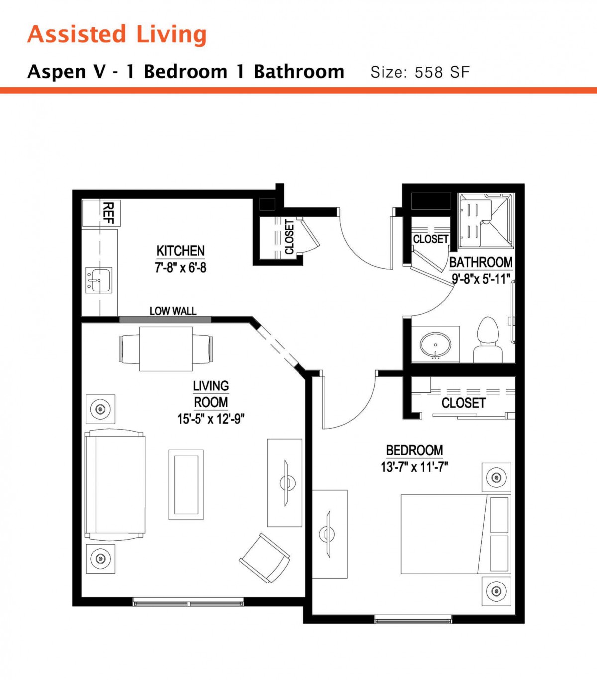 Floor plan of a 1-bedroom, 1-bathroom apartment with a living room and kitchen.