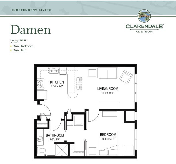 This image shows the floor plan of a one-bedroom apartment in the Clarendale complex, featuring a kitchen, living room, and bathroom.