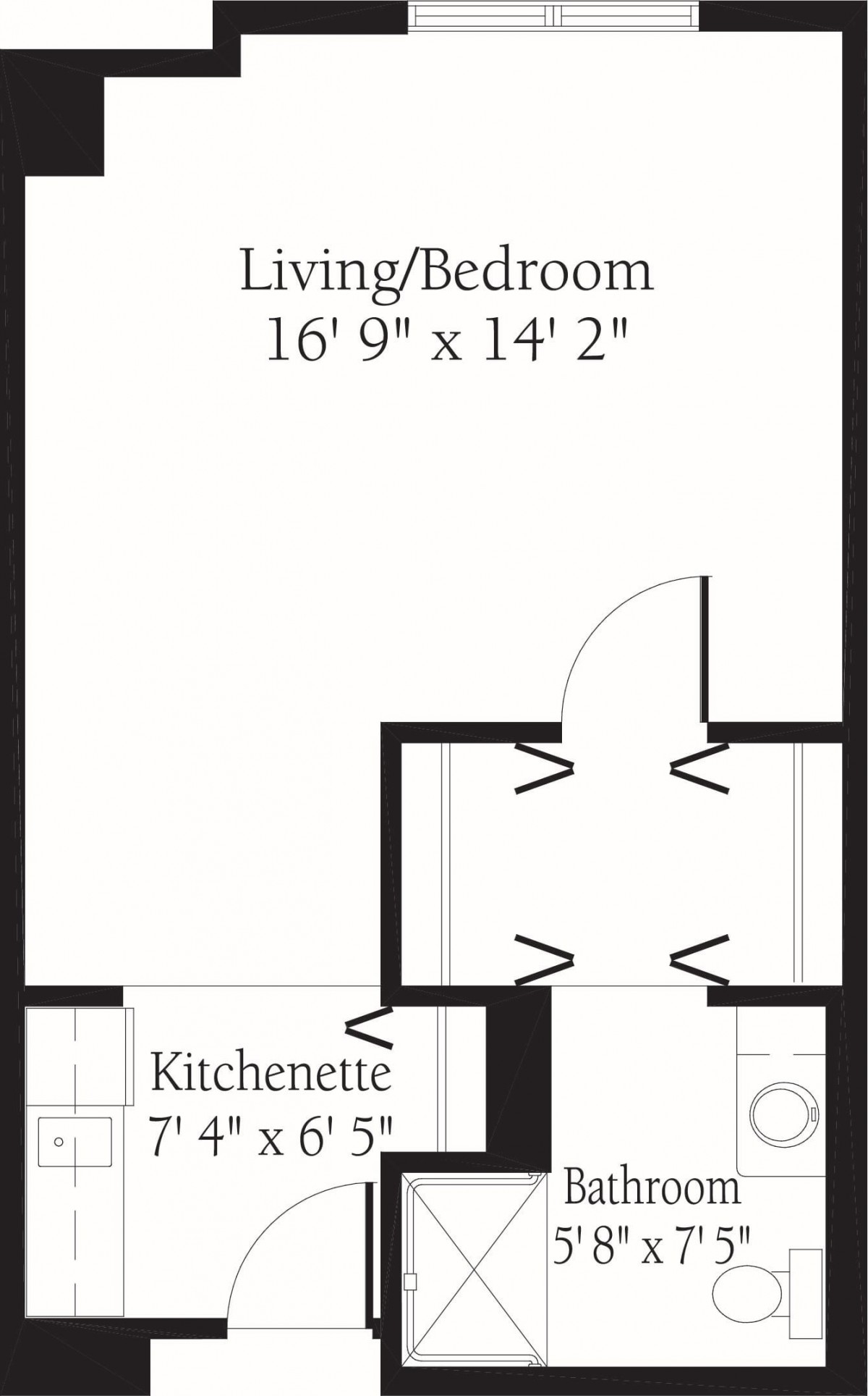 A floor plan of a studio apartment featuring a living/bedroom area, kitchenette, and bathroom.