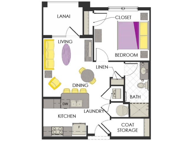 A floor plan of a one-bedroom apartment featuring a living room, kitchen, bathroom, and dining area.