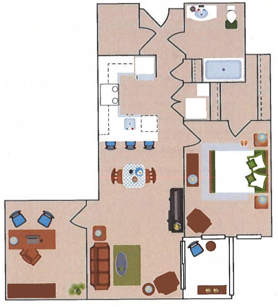 A detailed floor plan of an apartment showing the arrangement of rooms and furniture.