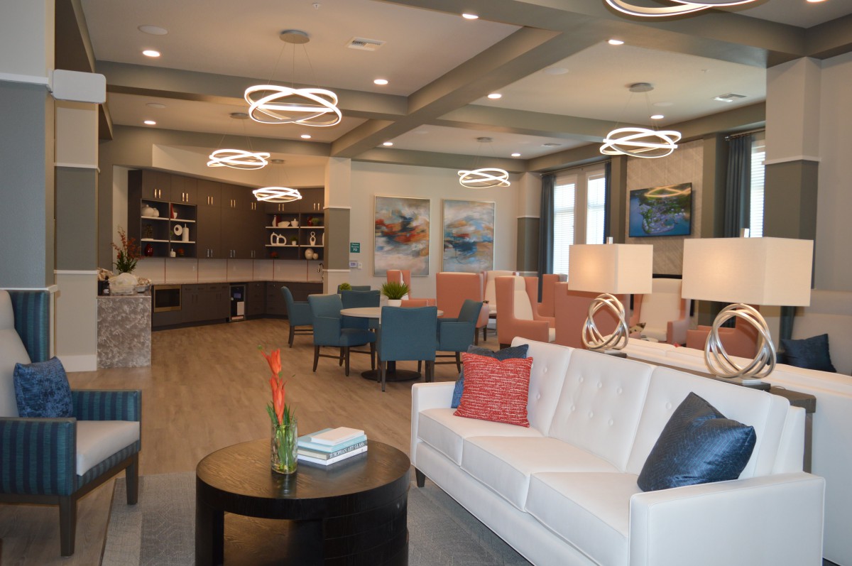 A modern open-concept living room and kitchen area with stylish lighting and comfortable seating.