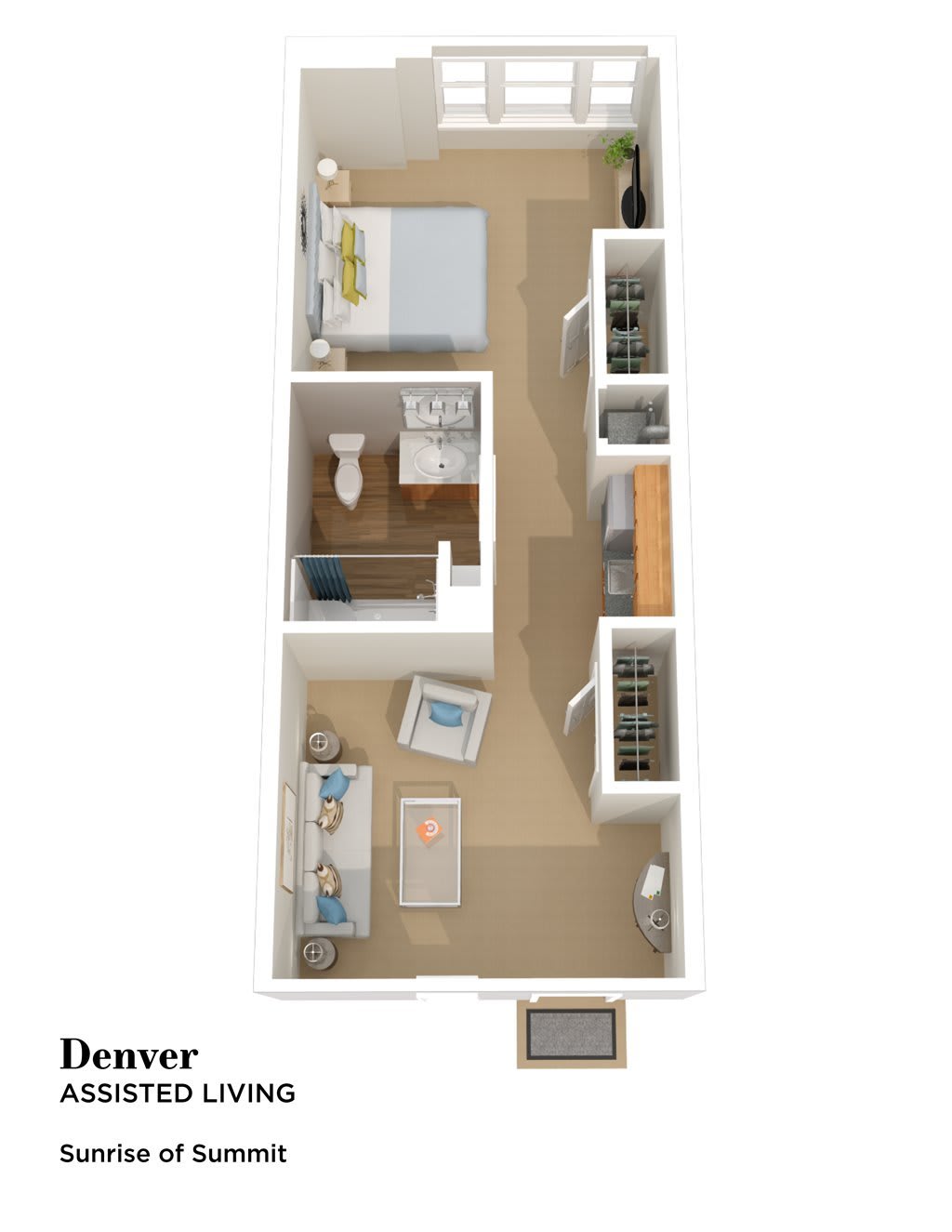 This is a one-bedroom apartment floor plan featuring a living area, kitchen, bathroom, and bedroom.