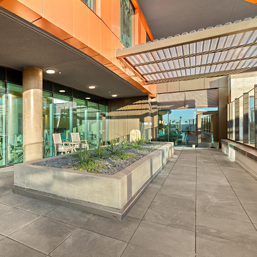 A modern outdoor patio area with landscaping and glass walls, showcasing contemporary architecture.