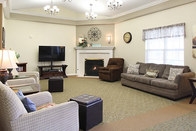 A cozy living room with a television, sofas, and a fireplace.