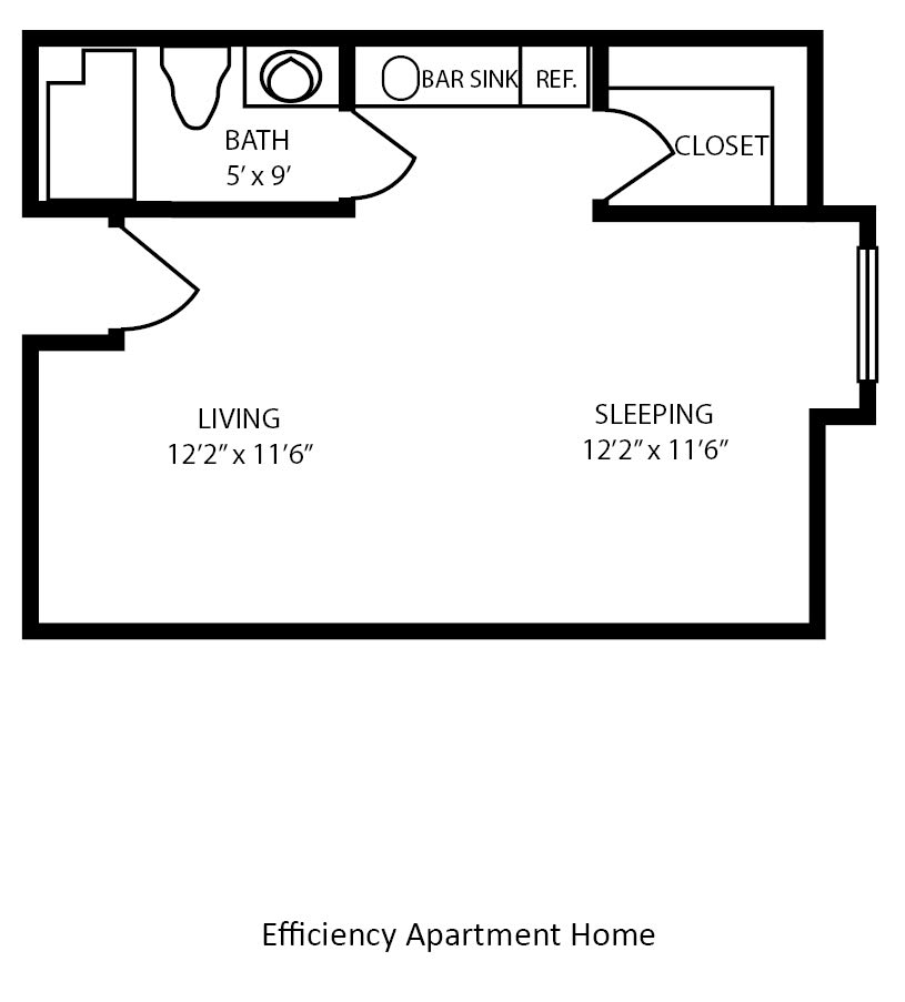 A floor plan of an efficiency apartment featuring a combined living and sleeping area, a bathroom, and a closet.