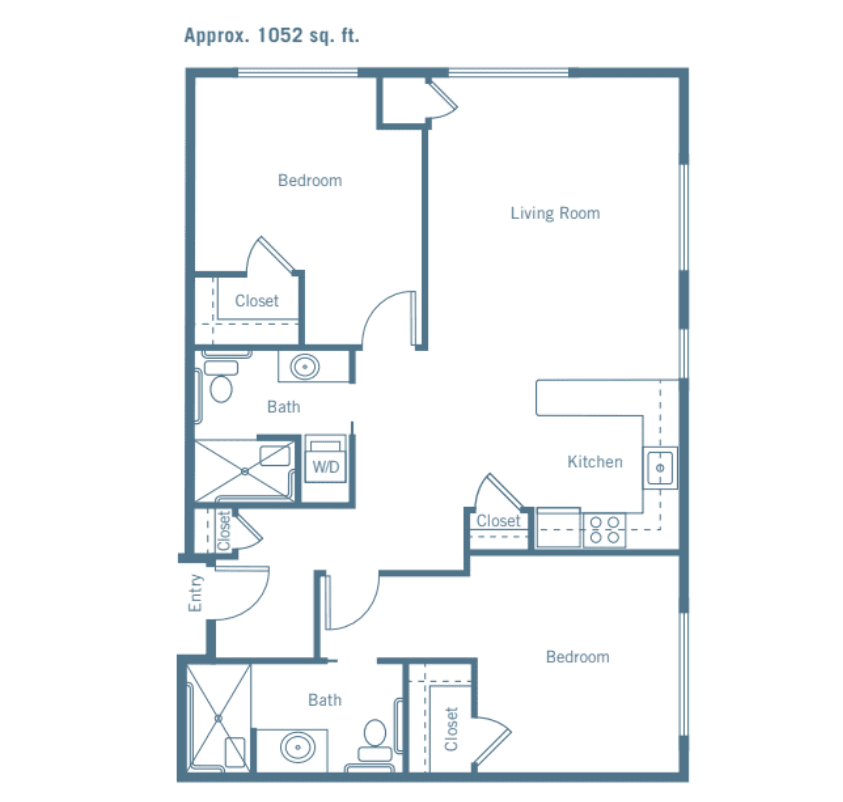 A floor plan of a two-bedroom apartment with a living room, kitchen, and bathroom.