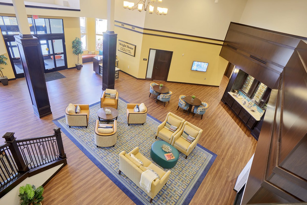 A spacious lobby with comfortable seating and modern decor.