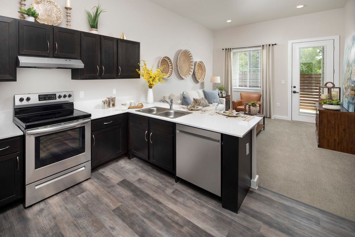 A modern kitchen with sleek black cabinets, stainless steel appliances, and stylish decor.