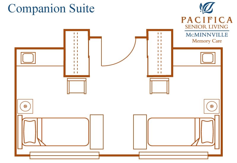 Floor plan of a companion suite with separate sleeping areas.