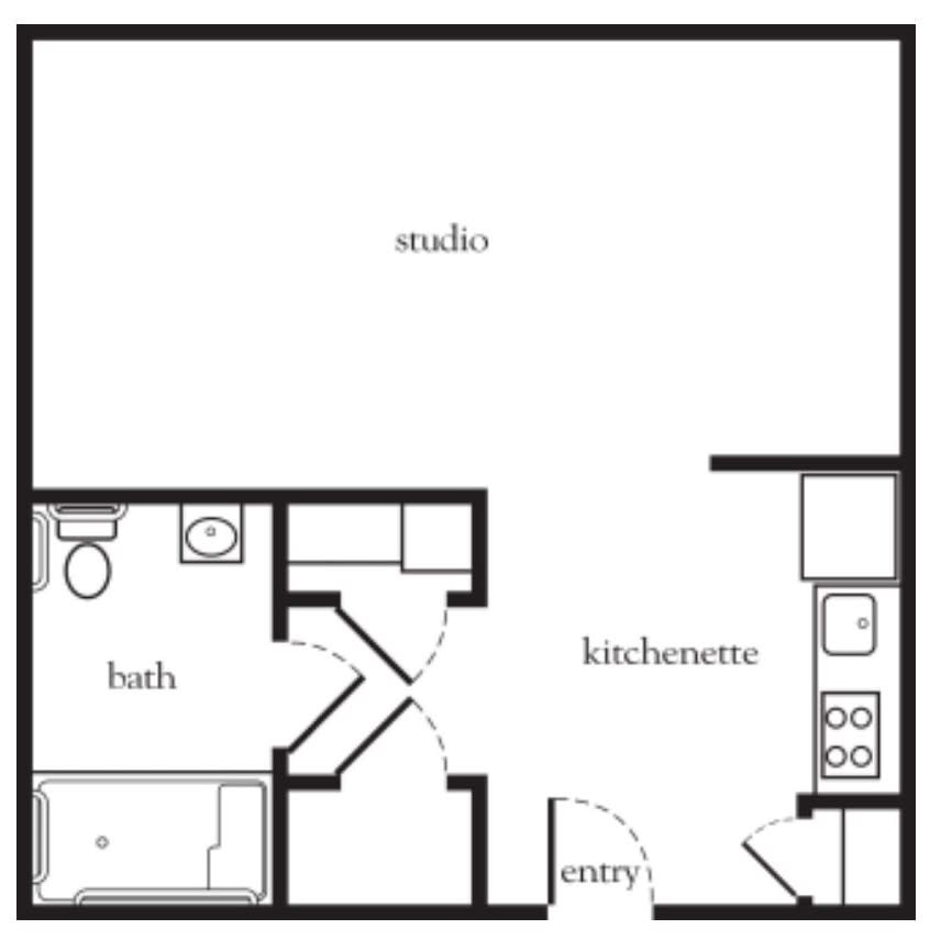 Studio apartment floor plan with bath, kitchenette, and entry area.