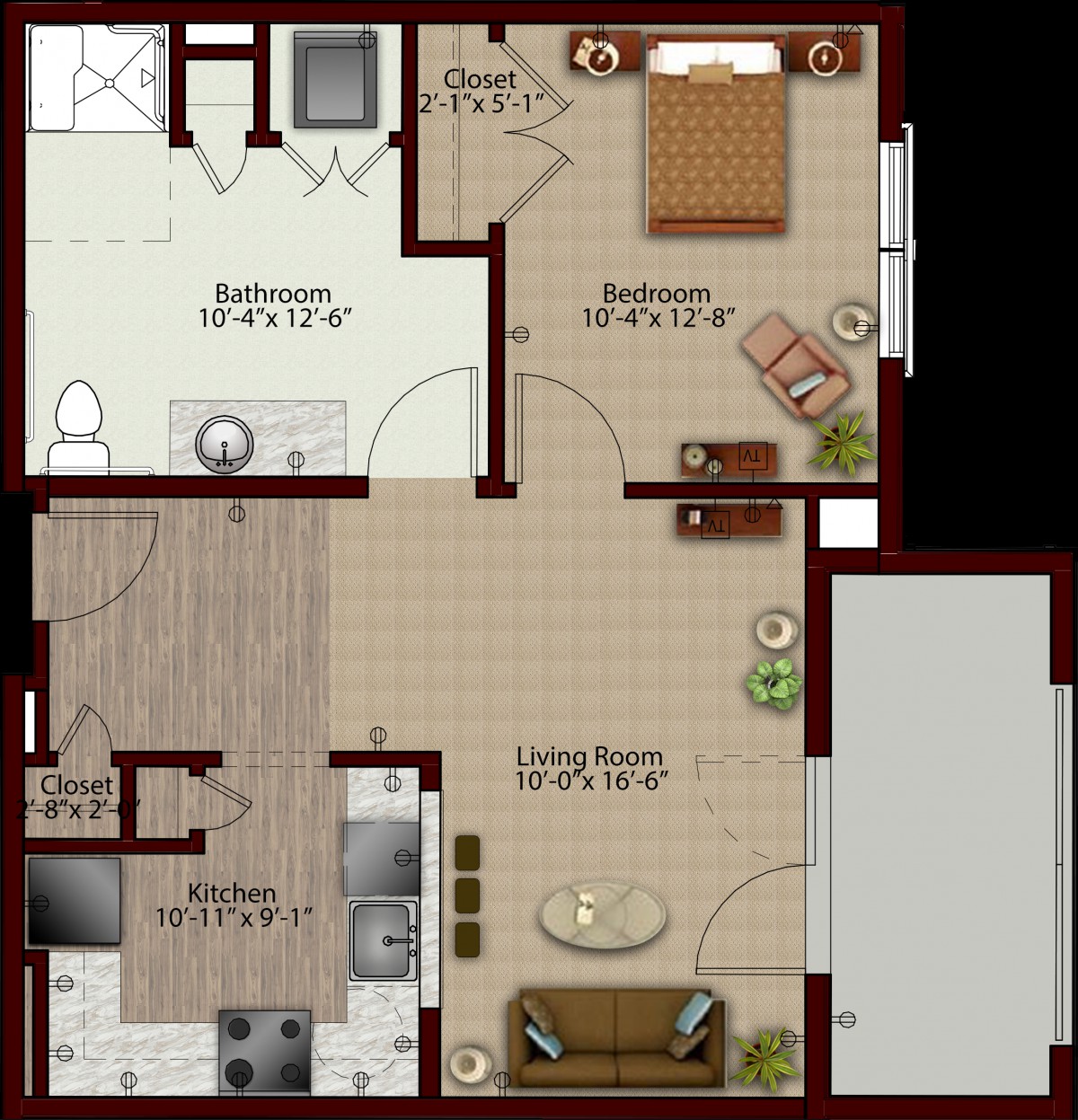 A floor plan of a one-bedroom apartment featuring a living room, kitchen, and bathroom.