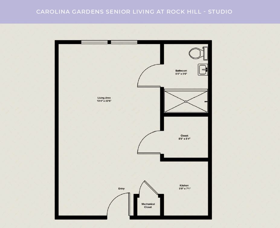 Floor plan of an apartment layout with designated areas for living, bathroom, and storage.