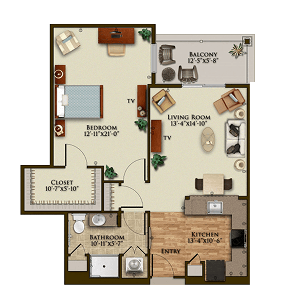 A detailed floor plan of a one-bedroom apartment featuring a living room, kitchen, bathroom, closet, and balcony.