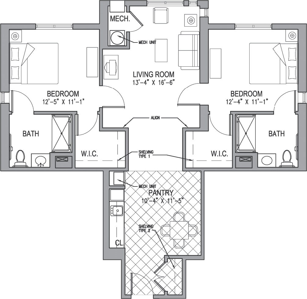 A floor plan of a two-bedroom apartment featuring two bathrooms, a living room, and a kitchen.