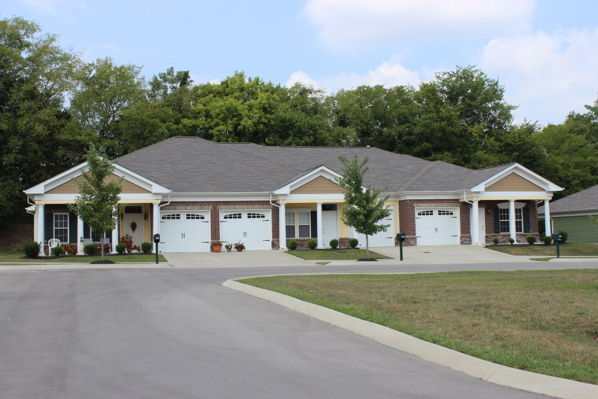 A row of suburban houses with garages and a driveway surrounded by trees.