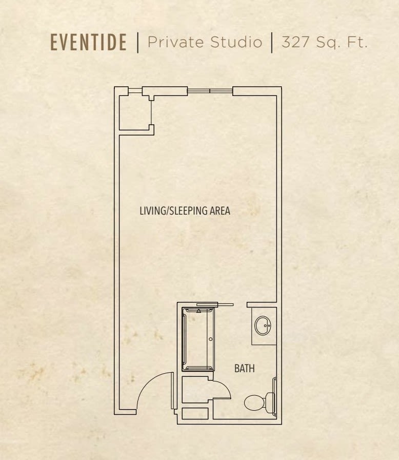 Floor plan of a private studio apartment measuring 327 square feet, featuring a living/sleeping area and a bathroom.