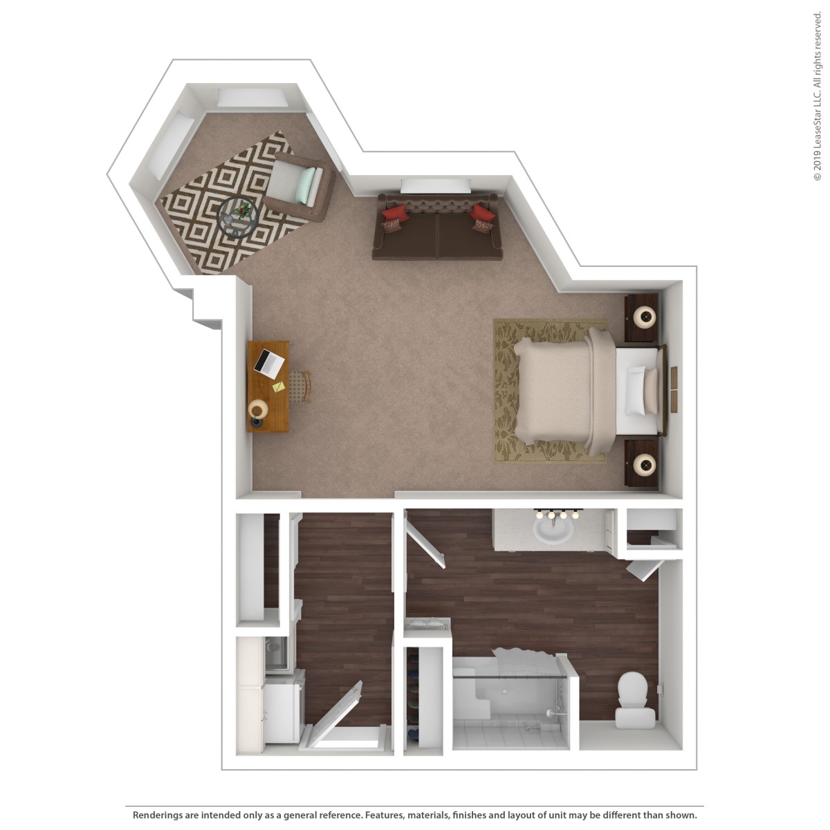 A top-down view of a one-bedroom apartment floor plan with designated spaces for a living room, kitchen, and bathroom.