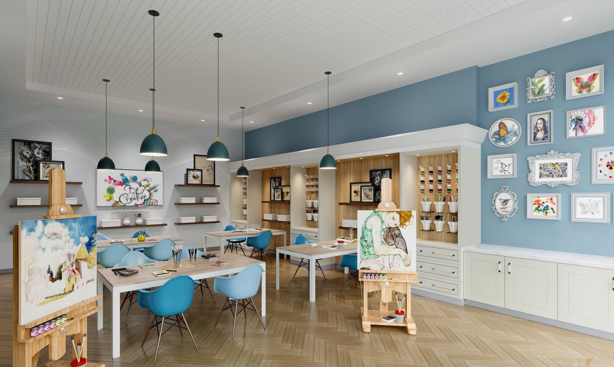 A modern art studio with easels and vibrant seating, showcasing a variety of art supplies in an inspiring creative space.