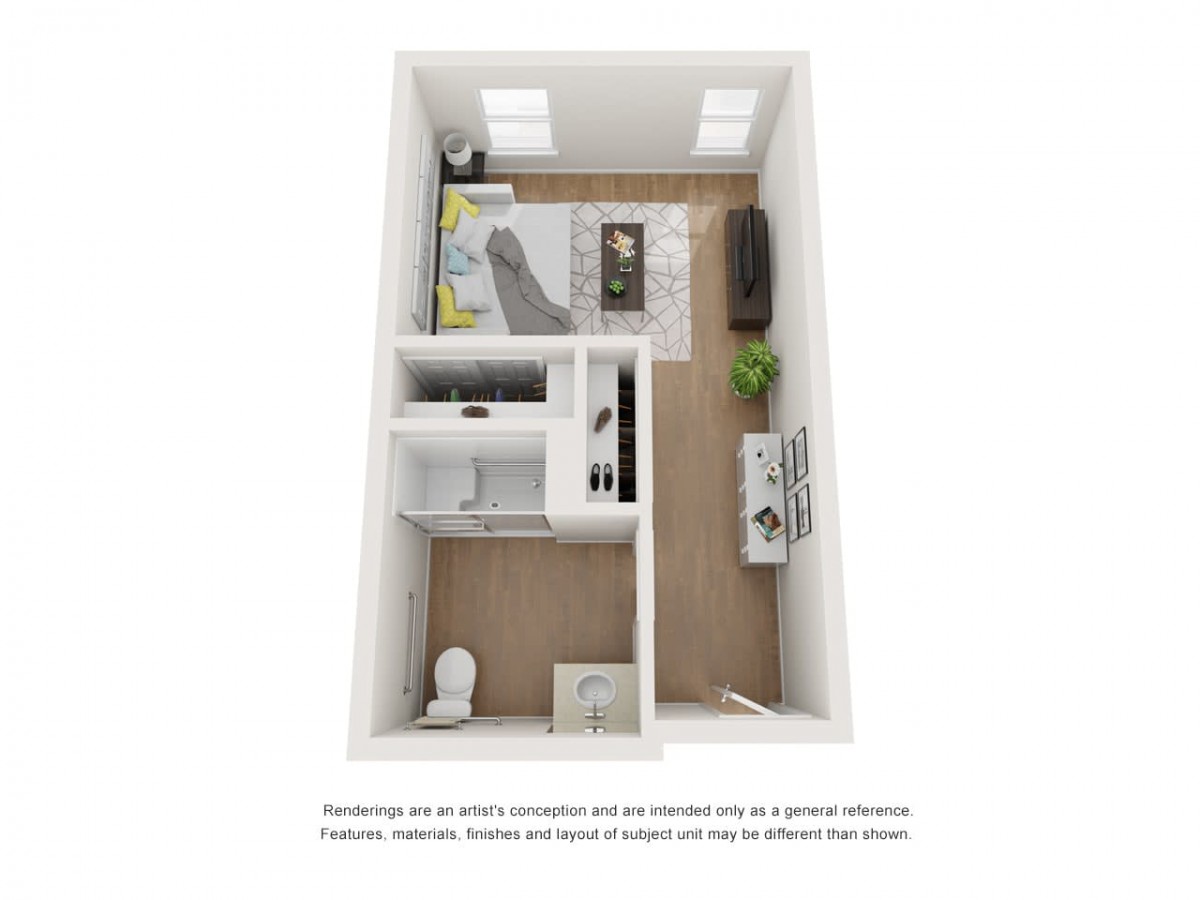 3D floor plan of a compact studio apartment with main living area, kitchen, and bathroom.