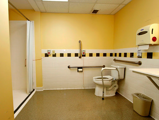 An accessible bathroom featuring a toilet and shower, designed with handrails for support.