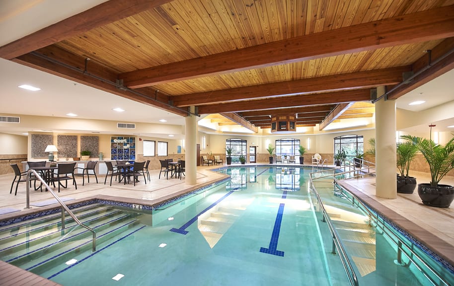 A modern indoor swimming pool with a wooden ceiling and relaxation area.