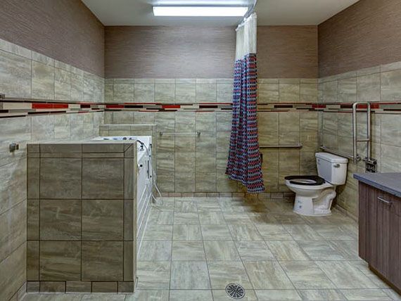 A tiled bathroom featuring a shower with a curtain and a toilet.