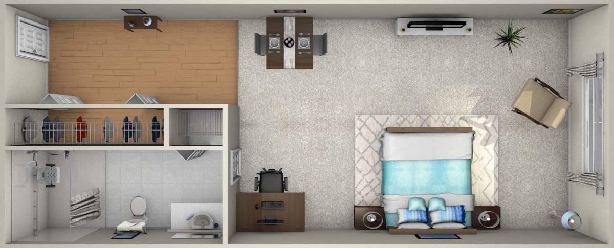 A top view floor plan of a compact room, showcasing a bedroom and living area with modern furniture.