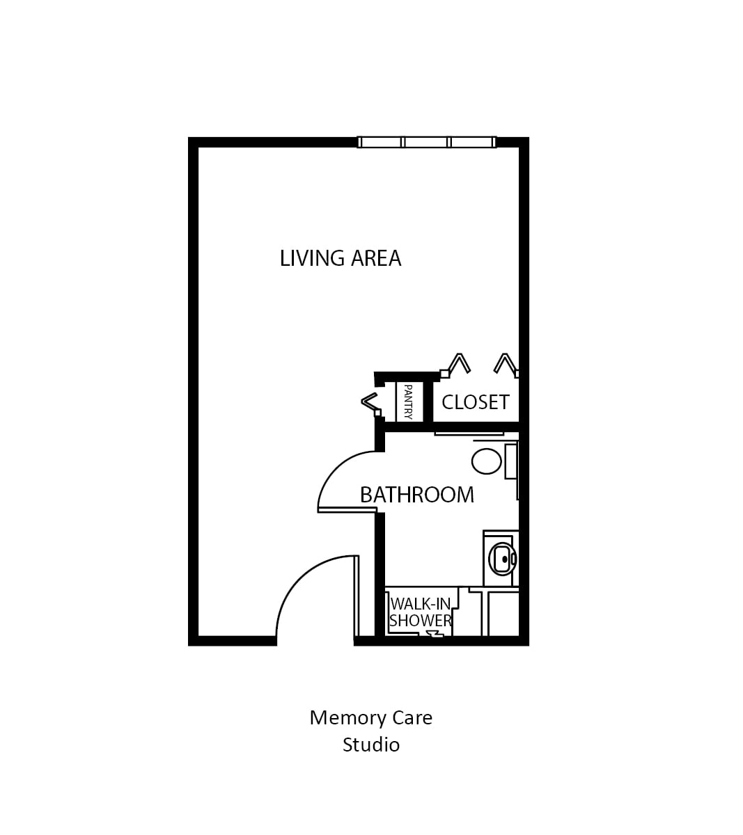Floor plan of a studio apartment featuring a living area, bathroom, and closet.
