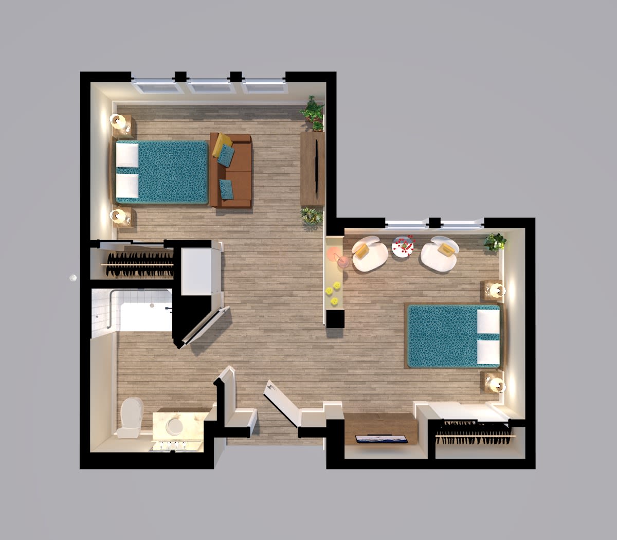 A 2D floor plan of an apartment showing two bedrooms and common areas.