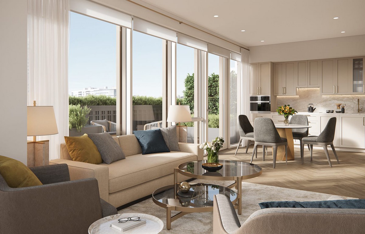 A modern open-concept living room and kitchen area with large windows providing ample natural light.