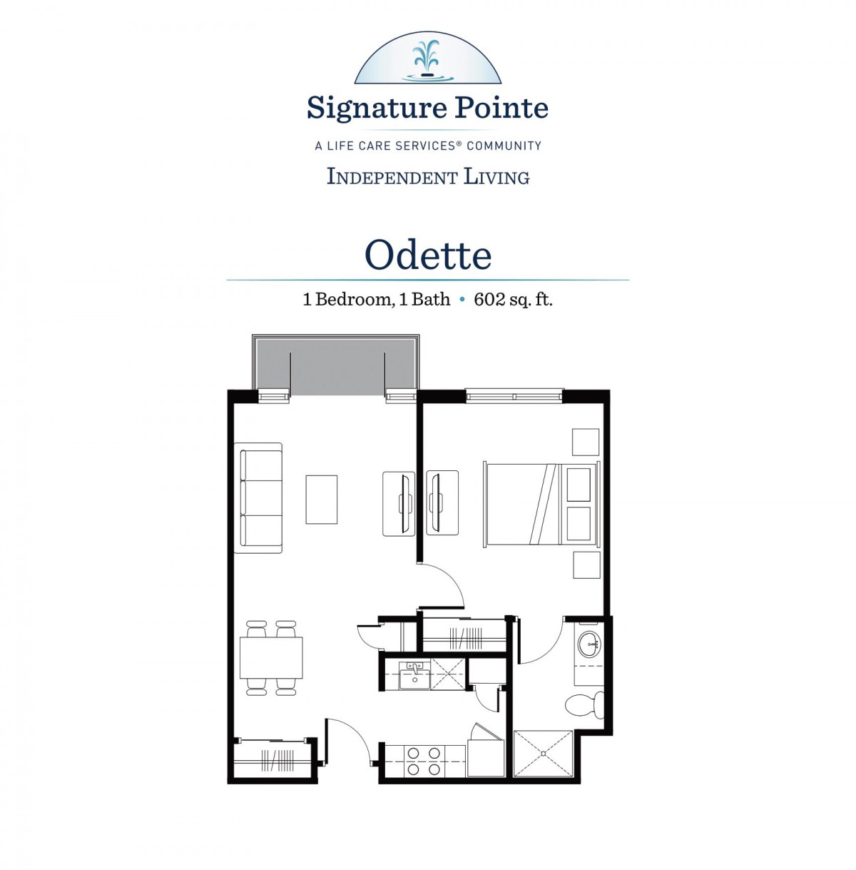 A floor plan for a 1-bedroom, 1-bathroom apartment at Signature Pointe.