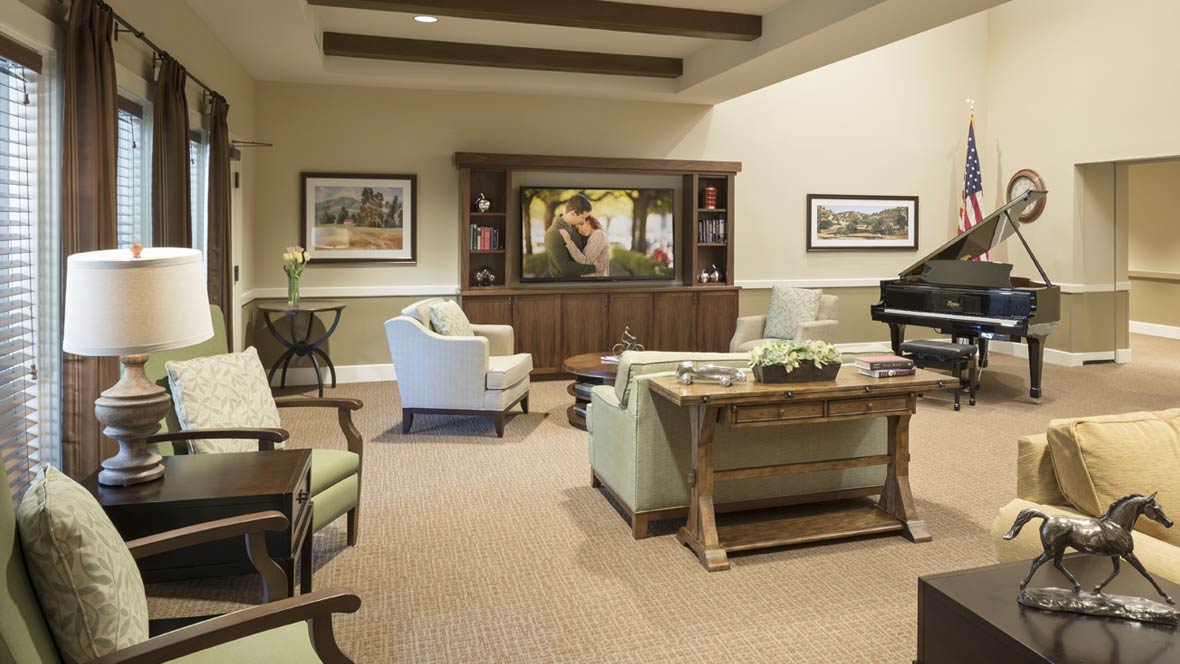 A cozy and elegant living room with comfortable seating, a TV on a wooden cabinet, decorative artwork, and a piano.
