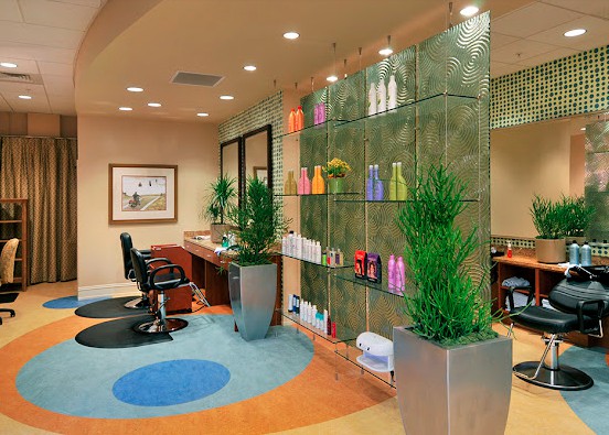 A modern hair salon interior with stylish chairs, shelves displaying hair products, and decorative plants.
