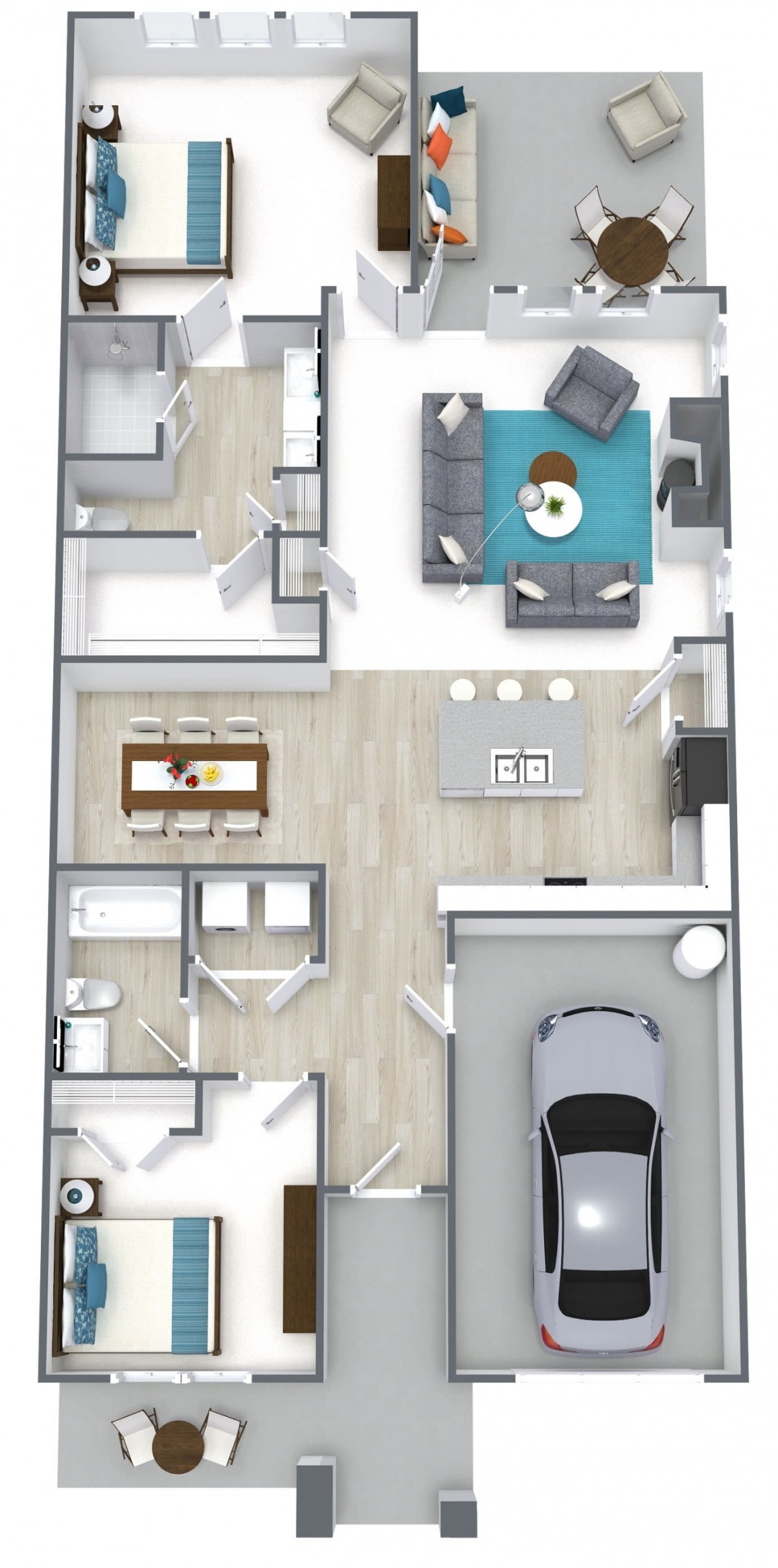 A 3D floor plan showcasing a modern home layout with multiple rooms, including a living room, kitchen, dining area, bedrooms, and an attached garage.