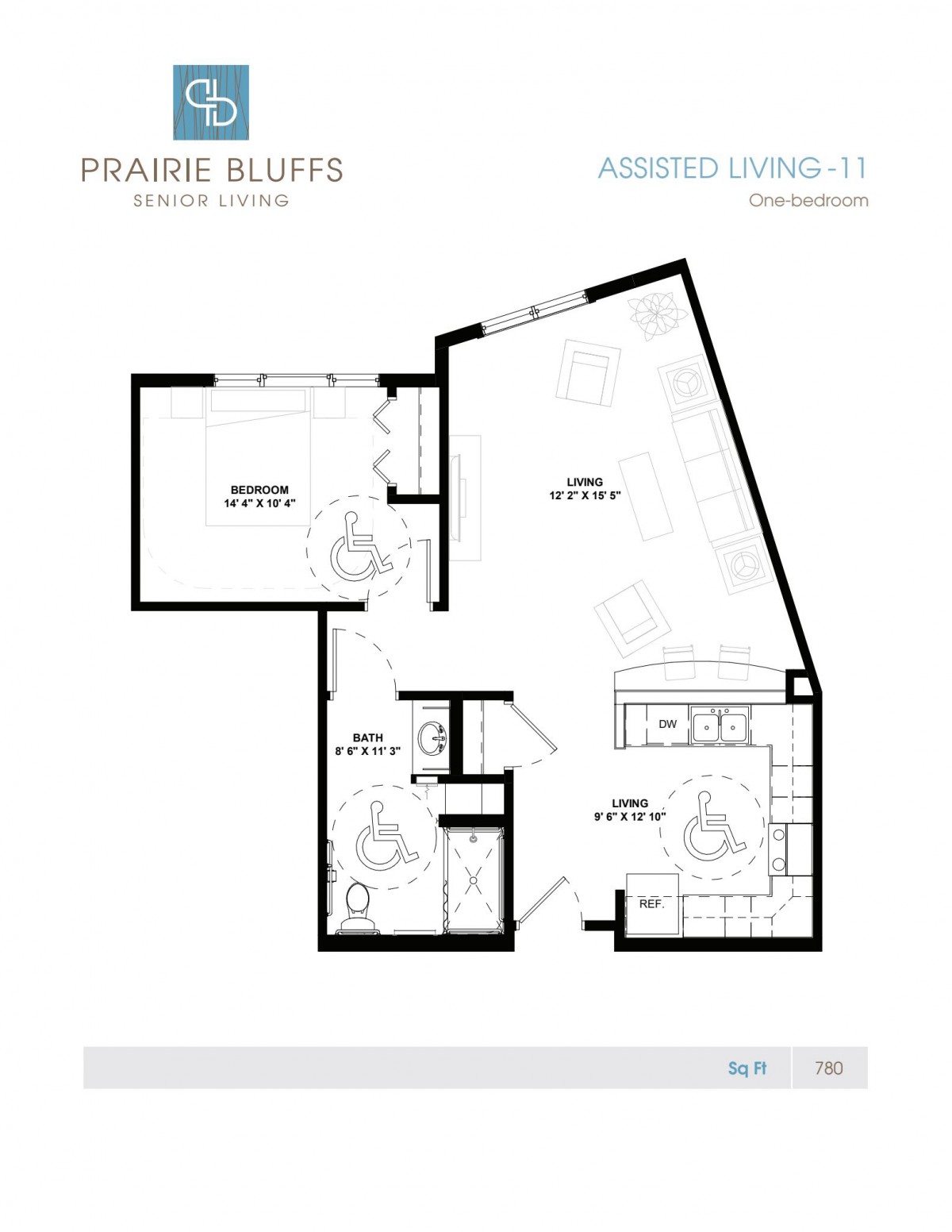 Floor plan of an apartment at Prairie Bluffs, showcasing the layout of rooms and spaces.
